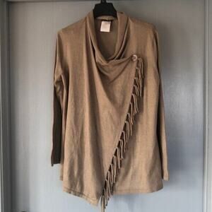 Ambria Selection Fringe Wrap Cardigan Sweater 1 Button Knit tan Size 10